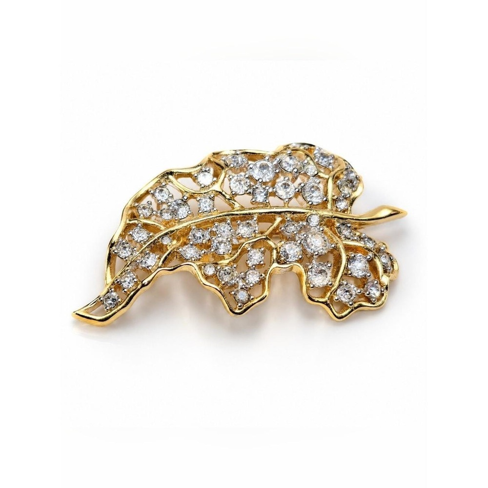 Signed JOMAZ Joseph Mazer Rhinestone Leaf Brooch Gold Plated Vintage Designer